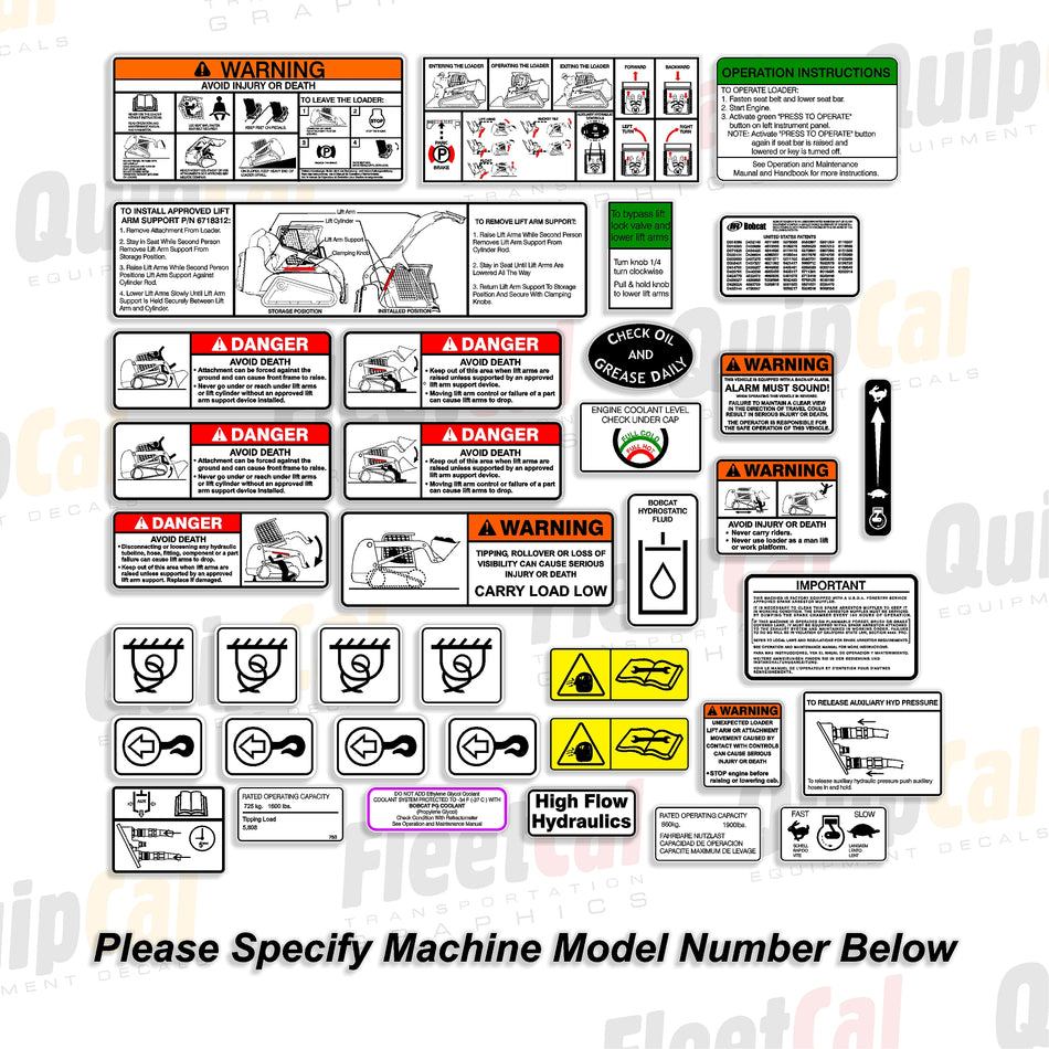 Bobcat Skid Loader - Compact Track Loader Safety Decal Set (fits machine years 2000-2006)