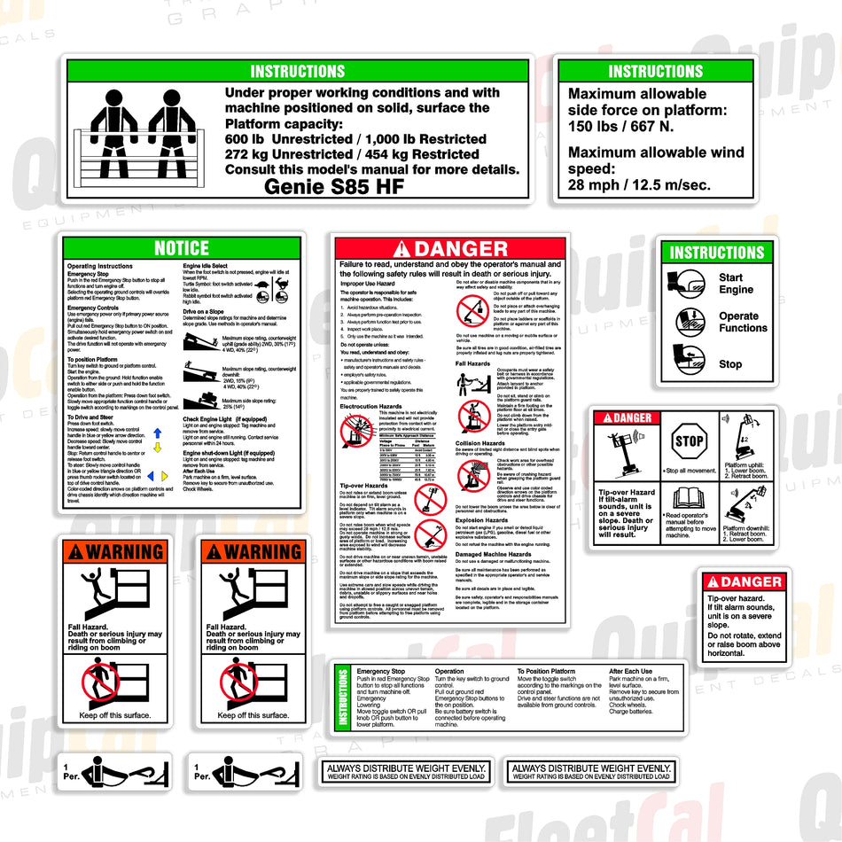 Genie Telescopic Manlift Platform Safety Decal Set S85HF