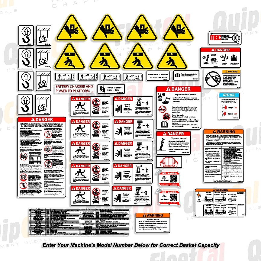 MEC Scissor Lift Safety Decal Set (must include model number for correct basket capacity)